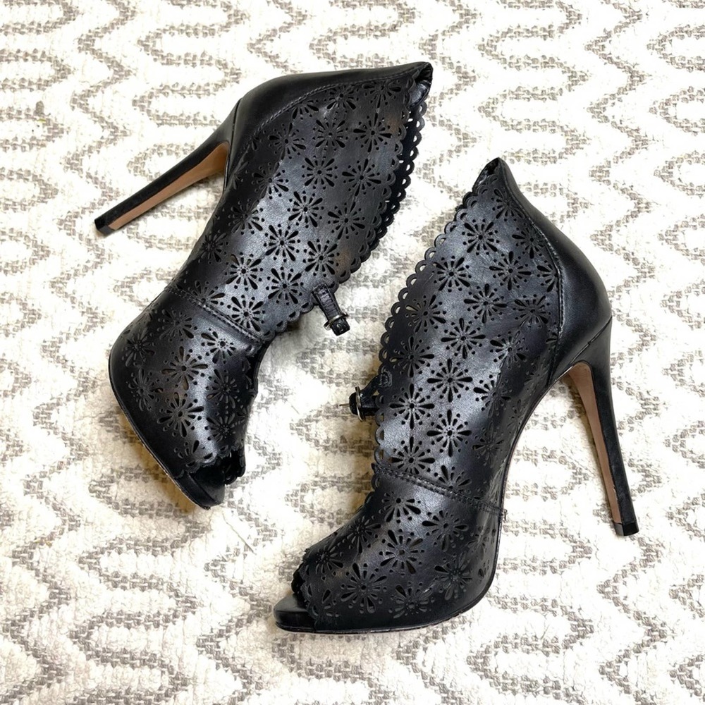 Black Laser-Cut Peep Toe High Heel Booties - Women